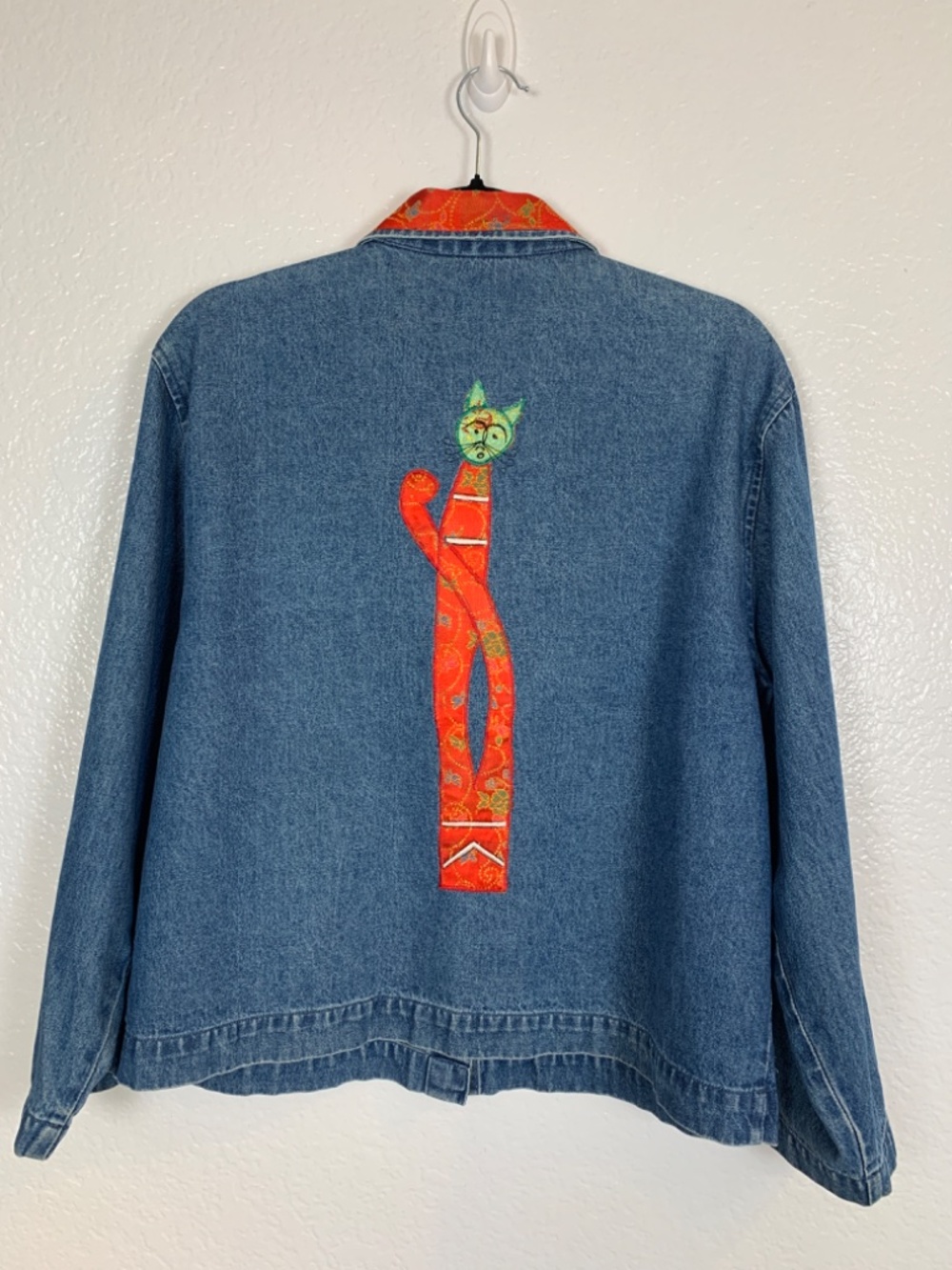 Tantrums Denim Jacket Women's Large Appliqué Cats Asian Flair Whimsical Artsy - Picture 13 of 16
